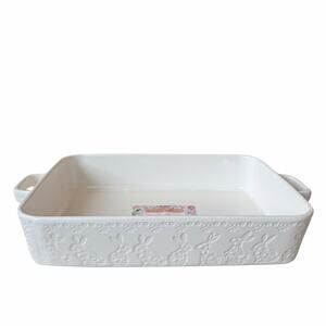 The Bakeshop Embossed Bunny Baker 14x10 White Rectangular Easter Bakeware New